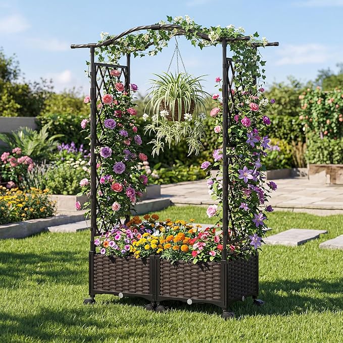 BECOMFORT Planter Box with Arch Trellis 58”H Self-Watering Tomato Planter w/Wheels Hanging Roof &amp Drainage Holes Outdoor Indoor Raised Garden Bed for Climbing Vines Perfect for Lawn &amp Back
