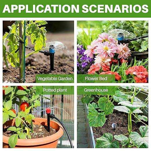 Drip Irrigation System Automatic Garden Watering Kit Quick-Connect Watering Misting Drip Irrigation System for GreenhousesYardsLawnsRaised Bedswith 98ft 1/4''&amp 49ft 1/2 Tubing and Accessori