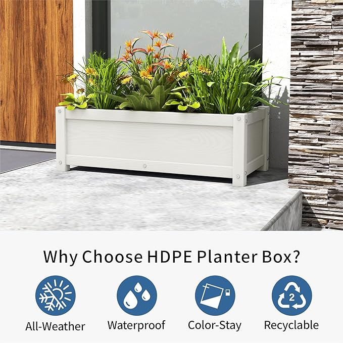 HDPE Planter Box All-Weather Outdoor Garden Bed Easy to Assemble Drainage System Low Maintenance Non-Fading for Flower/Herb/Seed (White)