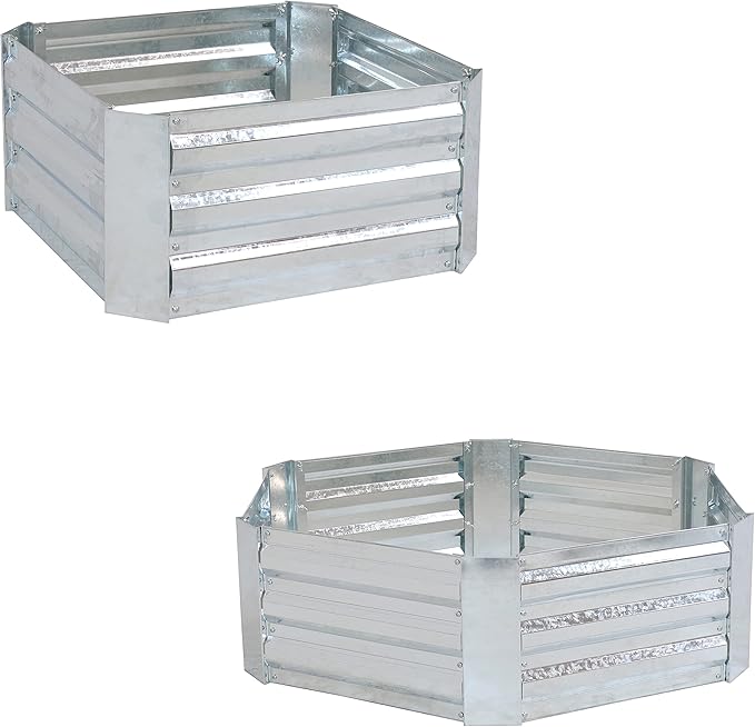 Sunnydaze Silver Corrugated Galvanized Steel 24 x 11.75 Square Planter and 40.5 x 11.75 Hexagon Raised Garden Beds for Vegetables Plants and Flowers