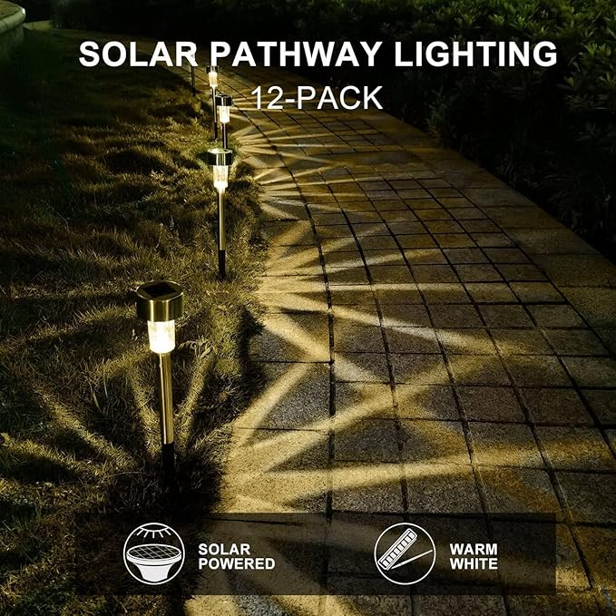 12PCS Solar Garden Stake Light Weatherproo for Outdoor Pathway LightingStainless Steel LED Landscape No Wires Required with Automatic Night Activation(Rainbow)