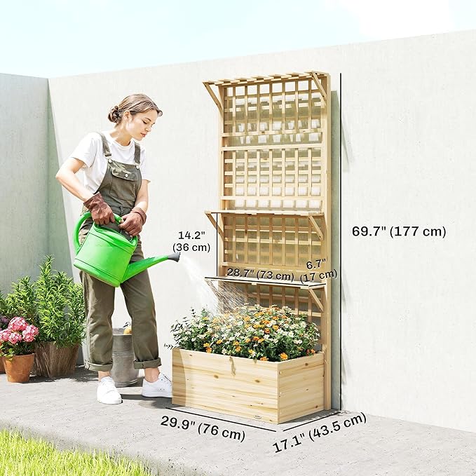 Outsunny Wooden Raised Garden Bed with Trellis and Roof Elevated Outdoor Planter Box with 2 Shelves Drainage Hole and Liner for Climbing Plants Vegetables Flowers Natural