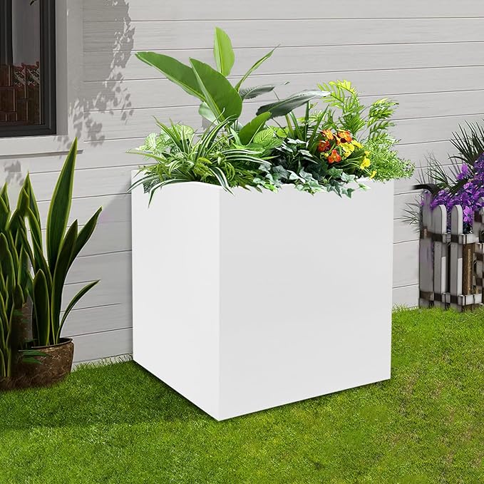 Raised Garden Bed 17 * 17 * 18in Steel Square Planter Flower Box for Indoor Outdoor Balconies Gardens Decks Patios Decks Front Porches (White)