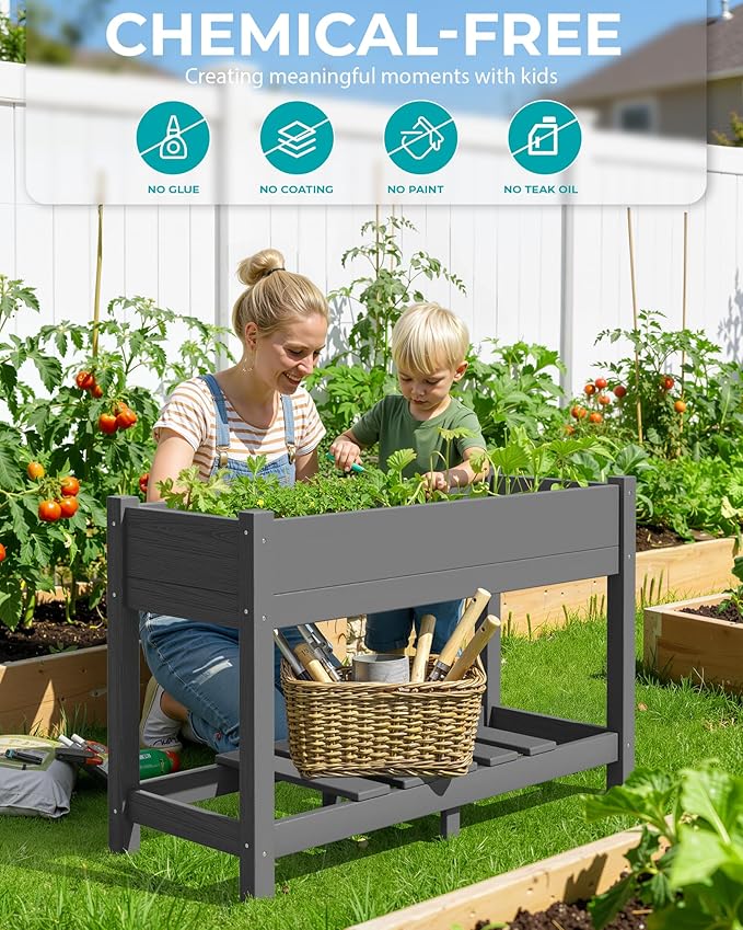 SERWALL Raised Garden Bed with Legs 43×17×30 Large HDPE Elevated Planter Box for Vegetables Flower Herb Patio All Weather Use- Gray