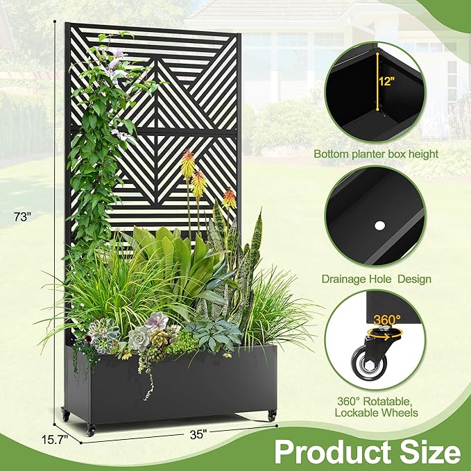 Raised Garden Bed with Trellis and Wheels73x35x16 Metal Raised Garden BedBlack Diamond Metal Planter with Climbing Trellis for Vines &amp Vegetables