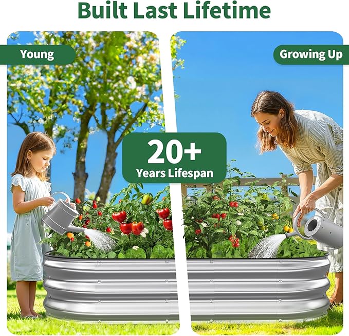 Kesfitt Raised Garden Bed 4x2x1 FT Galvanized Steel Metal Raised Garden Bed Oval Open-Bottom Design 12-Inch Deep for Outdoor Vegetable &amp Herb Gardening Silver