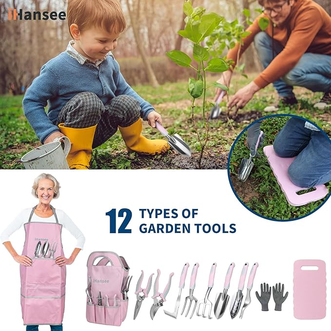 Pink Garden Tool Sets 12 Pieces iHansee Aluminum Gardening Hand Tools with Non-Slip Handle Kneeling Pad Apron Gloves and Organizer Bag Landscaping Tools - Gift for Women &amp Garden Enthusiasts