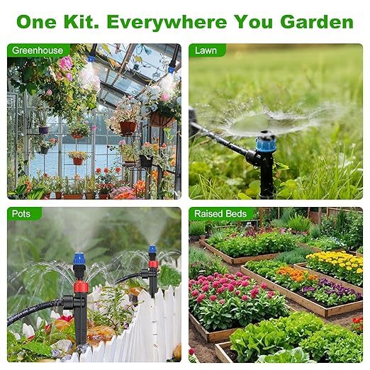 236FT Drip Irrigation System Kit New Quick-Connect Automatic Garden Watering Misting System for Greenhouse Yard Lawn Plant with 5/16 inch Hose 1/4 inch Distribution Tubing and Accessories