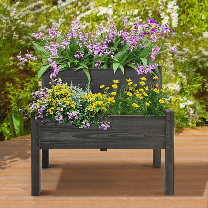 RELAX4LIFE 2-Tier Raised Garden Bed - Fir Wood Garden Elevated Planter Box with Legs 8 Drainage Holes220 Capacity for Growing Vegetable Elevated Garden Bed for Outdoor Yard Patio Balcony (Gray)