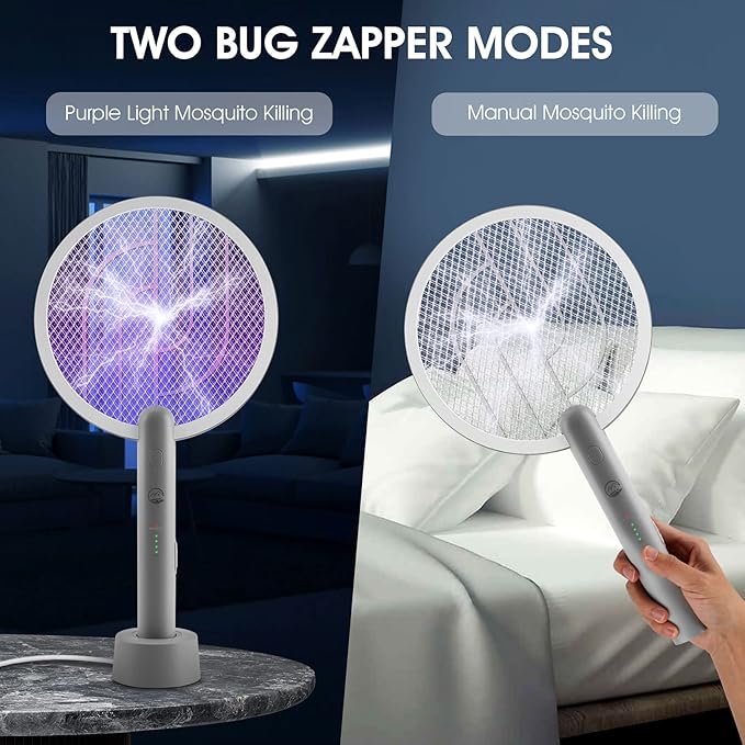 Electric Fly Swatter Racket 2 Pack 2 in 1 Bug Zapper with USB Rechargeable Base 4000 Volt Mosquito Killer with 3-Layer Safety Mesh for Pest Insect Control for Indoor、Office、Backyard、Camping