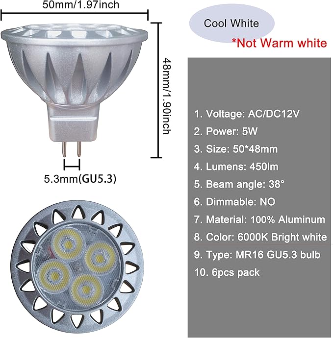 ALIDE MR16 Led Bulbs 6000K Daylight Bright Cool White 5WReplace 20W 35W Halogen Equivalent12V MR16 GU5.3 Low Voltage Bulb for Outdoor Landscape Track Ceil LightingNot Dimmable450lm38 Deg6 Pack