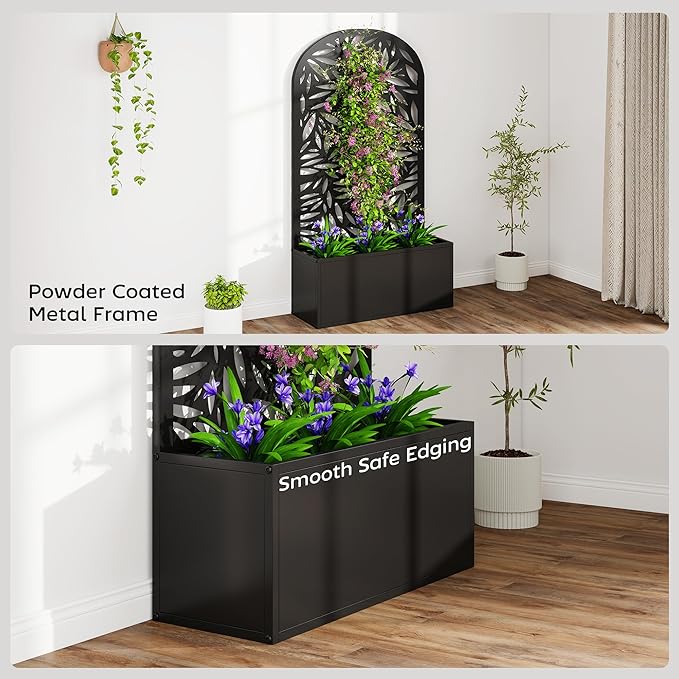 Outsunny Metal Raised Garden Bed with Trellis for Climbing Plants Freestanding or Wall Mounted Flower Bed with Cueved Privacy Panel Leaves Cut-Out Outdoor Planter Box for Garden Patio Balcony