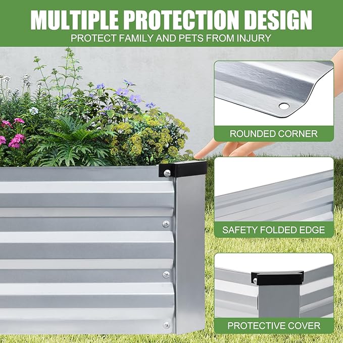 Galvanized Raised Garden Bed Outdoor | Metal Raised Garden Bed for Gardening 2Pack | Large Planter Box for Vegetables Flowers Fruits | Easy Assembly &amp Safety Design Flower Beds 8x4x1ft Silver