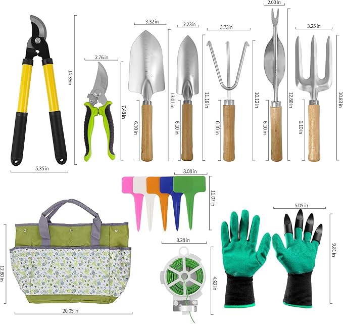 41-Piece Premium Gardening Tool Set Stainless Steel Heavy Duty Gardening Tool Kit with Non-Slip Rubber Grip Storage Tote Bag Outdoor Hand Tools Ideal Gardening Gifts for All (Green)