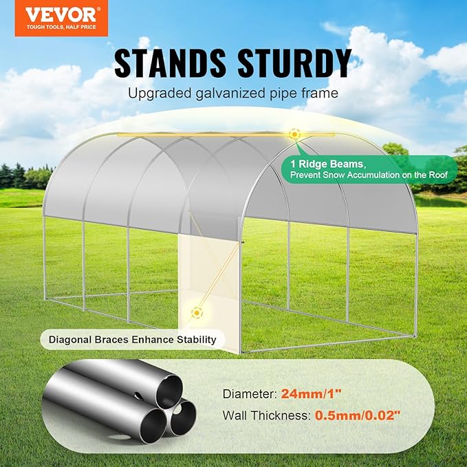 VEVOR Walk-in Tunnel Greenhouse 14.6x6.4x6.3 ft Hoop House Greenhouse Tunnel Plant Hot House with Galvanized Steel Frame White PE Cover Roll-up Zipper Door and 8 Windows for Outdoor
