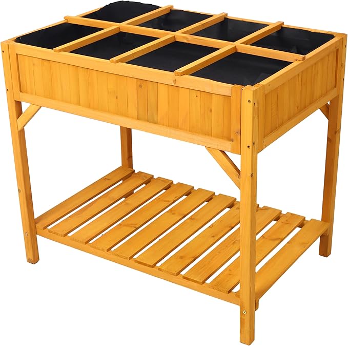 Brown Wooden Raised Garden Bed with Legs - Elevated Planter Box Featuring 8 Grids Divider &amp Protective Liner for Vegetables Flowers Herbs on Deck Patio Backyard