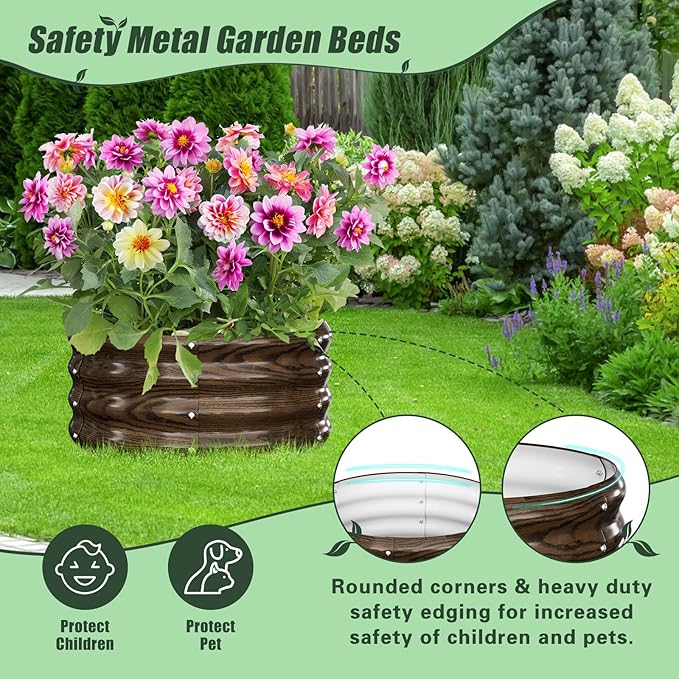 DoCred 3 Pack 2x2x1Ft Round Galvanized Raised Garden Bed Metal Garden Bed Outdoor with Tomato Cages for Gardening Above Ground Planter Box for Plants Vegetables Herbs Flowers Wood Grain