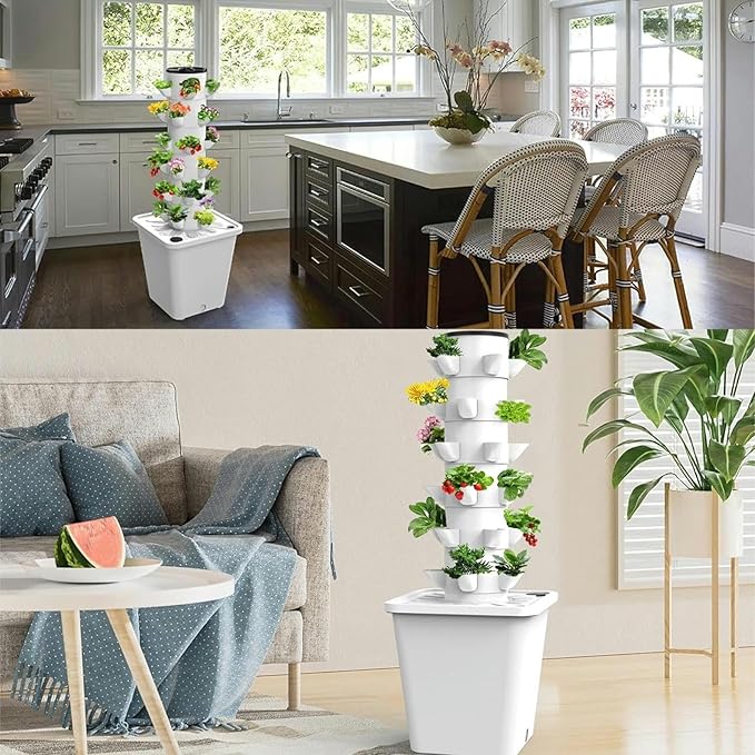 3/4/5/6 Floors - Hydroponics Tower Garden Hydroponic Growing Plant Hydroponics Tower - W/Hydrating Timer for Fruits VegetablesWhite-