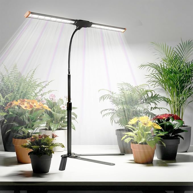 Grow Light for Indoor Plants6000K (100W Equiv) White Full Spectrum Growing Lamp with Base Stand for Home Office Desk top Pot Plants Growth Timer 4/8/12Hrs &amp Height Extendable 10-25''