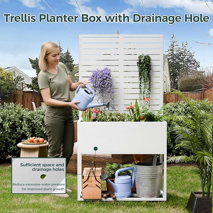 Metal Planter Box Multi-Functional &amp Easy to Assemble 67 H x 35 W Raised Garden Bed for Climbing Plants Elevated Standing Garden Planter with Drainage Holes for Outdoor Patio White