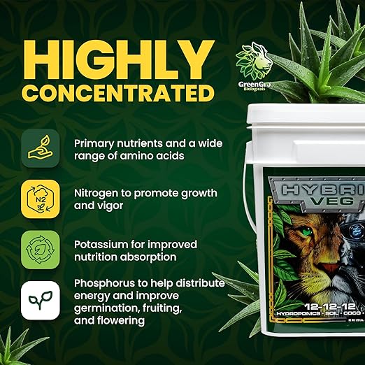 GreenGro Hybrid Veg Water-Soluble Fertilizer for Plants Highly Concentrated Liquid Plant Food for Indoor &amp Outdoor Gardens 12-12-12 2lb