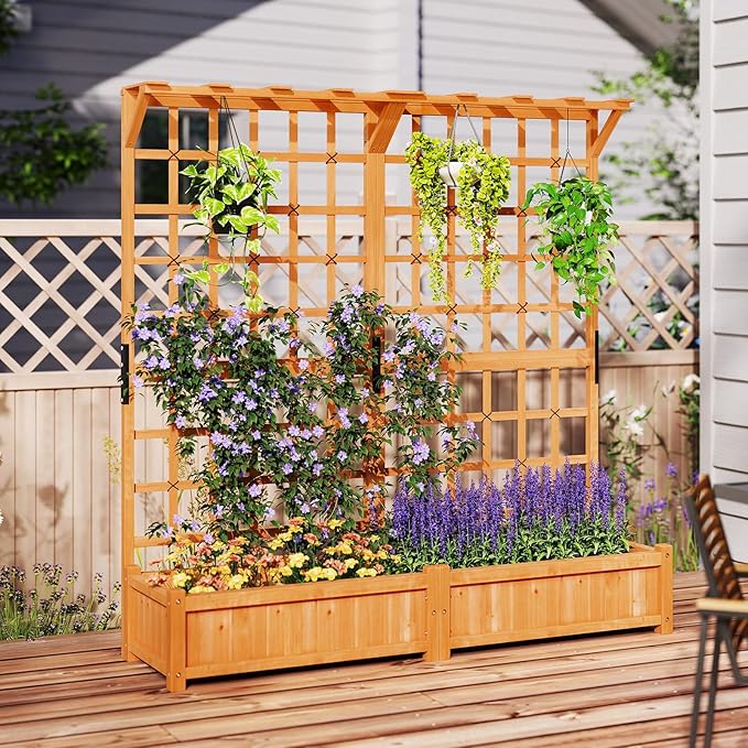 Large Raised Garden Bed with Trellis 72 Wood Planter w/Lattice Panels Hanging Roofs &amp Drainage Holes Freestanding Planter Box for Climbing Plant Flower Vine Outdoor Yard Balcony Porch