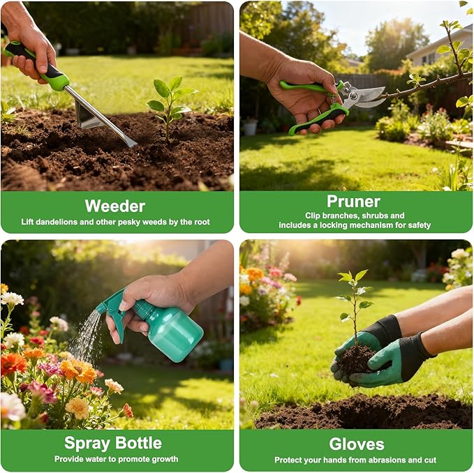 Yesker Gardening Tools 9-Piece Heavy Duty Garden Tool Set Gardening Supplies Gifts for Women Men Gardening Hand Tool Kit with Non-Slip Ergonomic Handle Garden Bag Durable Gloves and Shears Green