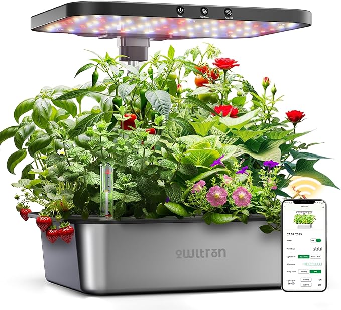 owltron Smart Hydroponics Growing System Kit15 Pods Indoor Herb Garden with 36W LED Grow Light &amp APP Control Planting Height Up to 30 Quiet Water Pump Ideal Gift for All Ages Dark Silver
