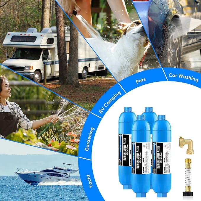 Lifefilter RV Inline Water Filter with Solid Brass 90 Degree Hose Elbow Eliminates Stress and Strain On RV Water Intake Hose Fittings(4 Pack)