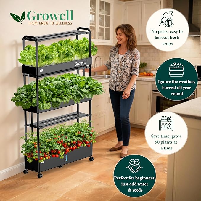 90-Pod Hydroponics Growing System Large Vertical Hydroponic Garden with Smart Full-Spectrum Grow Lights Auto Circulating Water Mobile Indoor Gardening System for Herbs Vegetables &amp Fruits