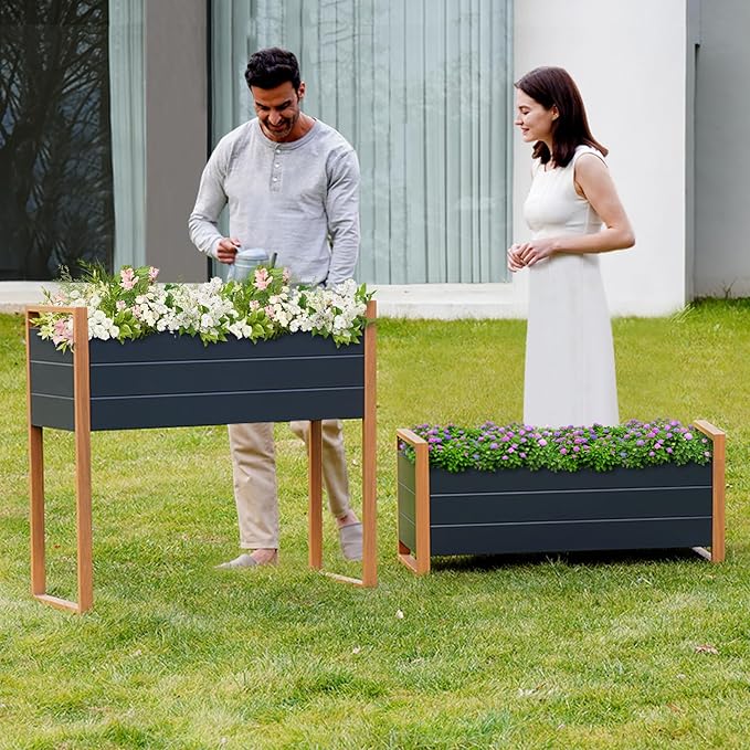Grand patio Metal Raised Garden Bed Outdoor Raised Planter Box with Woodgrain Finish Elevated Planter Box