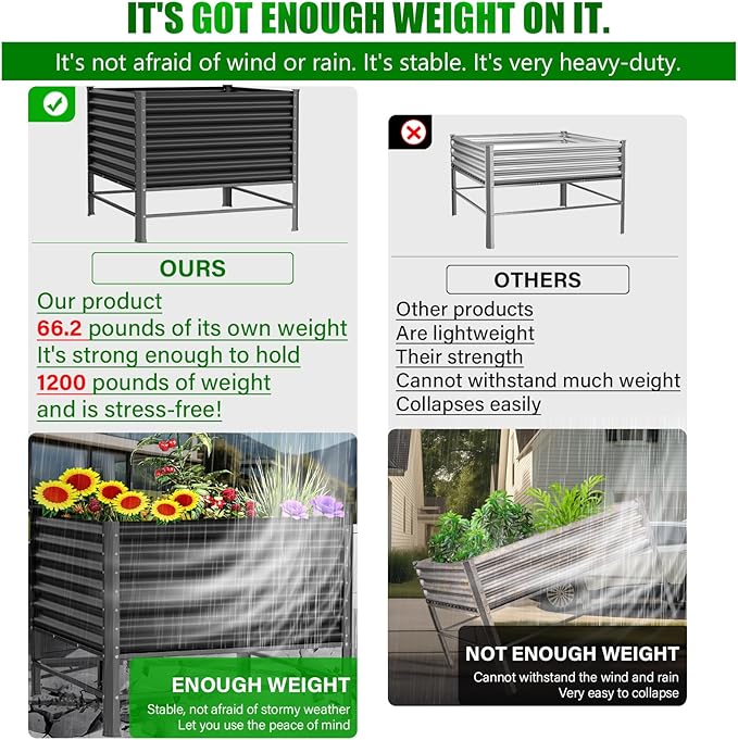 Doniks Raised Garden Bed with Legs 48×48×37in Large Outdoor Metal Galvanized Garden Planting Box1200lb Capacity for Vegetables Lawn Green Flowers Fruits Terrace