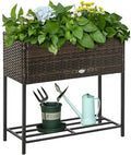 Outsunny Raised Garden Bed Elevated Planter Box with Rattan Wicker Look Tool Storage Shelf Portable Design for Herbs Vegetables Flowers Brown