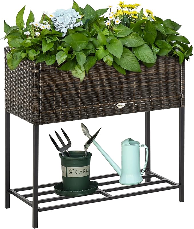 Outsunny Raised Garden Bed Elevated Planter Box with Rattan Wicker Look Tool Storage Shelf Portable Design for Herbs Vegetables Flowers Brown