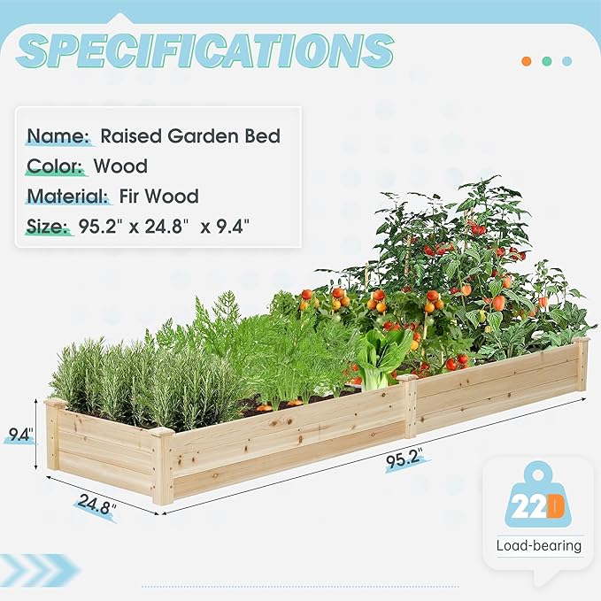 8 FT Outdoor Wood Raised Garden Bed Elevated Planting Planter Box Kit for Flowers/Vegetables in Outdoor/Patio/Backyard Natural