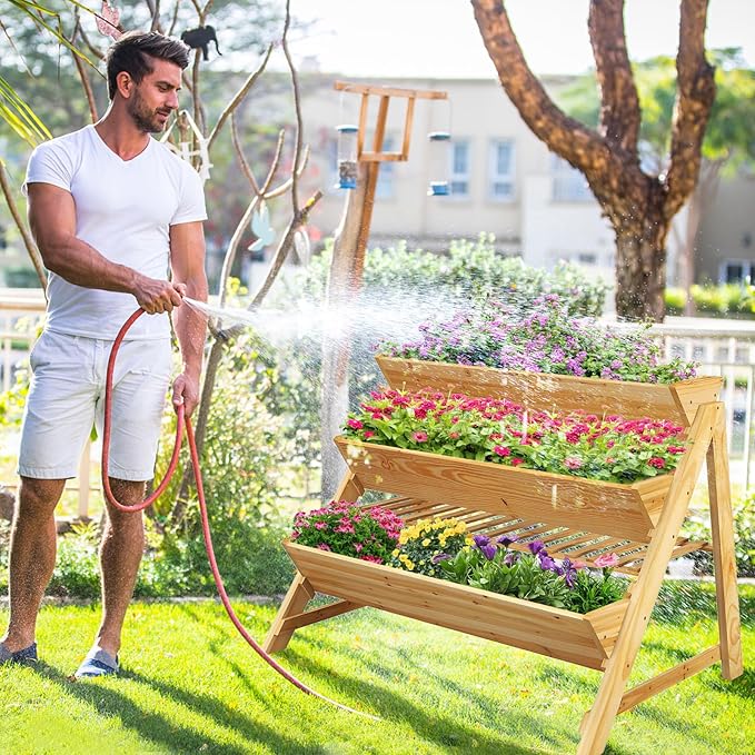 3-Tier Raised Garden Bed Elevated Gardening Bed w/2 Side Hooks Storage Shelf Bed Liner Garden Planter for Flowers Vegetables Herbs Pine Wood Planter Box for Patio Balcony Porch