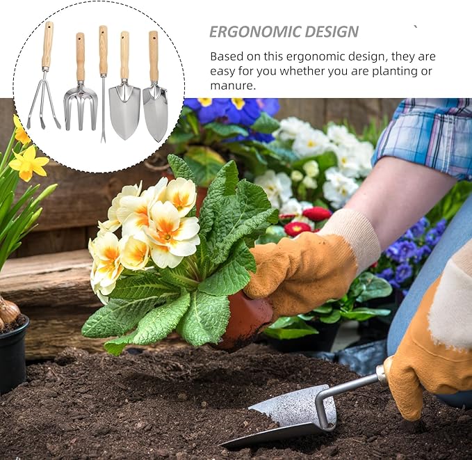 5pcs Garden Planting Tool Set with Wooden Handle Mini Rake Handheld Spade and Weeding Shovel for Outdoor Gardening and Planting