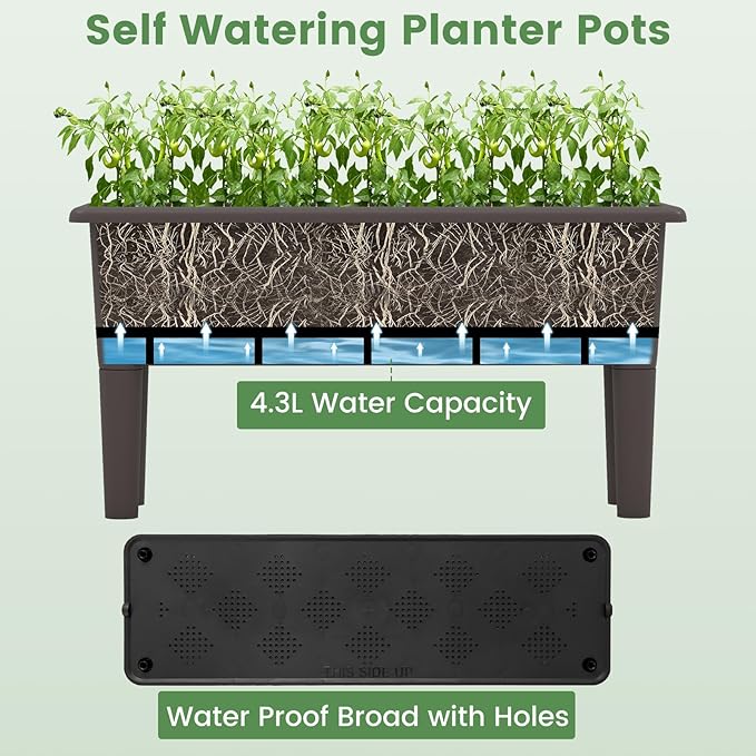 Raised Garden Bed Set of 2 31.5 x 12 x 16 Self-Watering Planter Box w/Removable Legs &amp Drainage Holes Plastic Rectangular Garden Bed for Flowers Herbs Backyard Patio Balcony (Coffee)