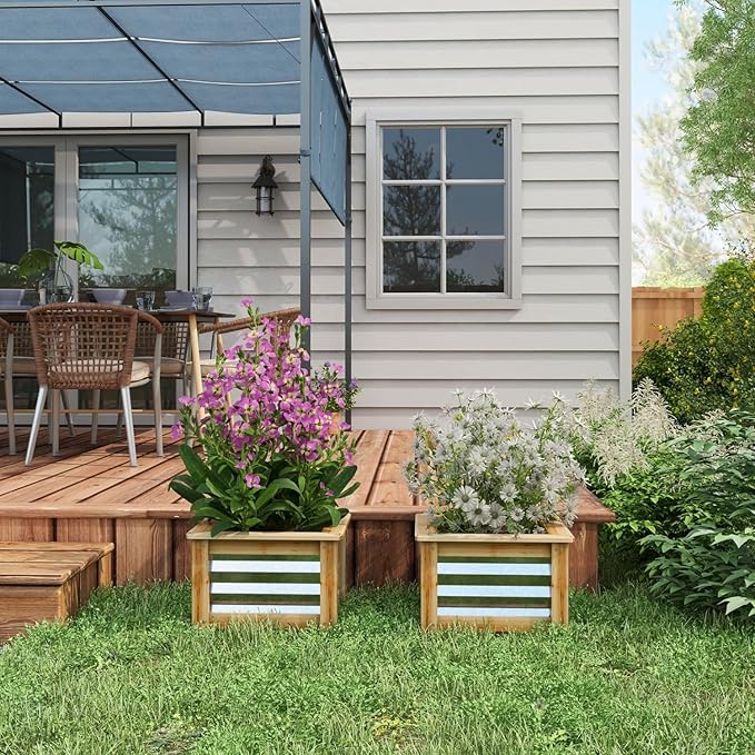Raised Garden Bed Set of 2 Outdoor Planter Box Galvanized Metal Reinforced with Wood Stock Tanks for Growing Flowers Herbs and Vegetables