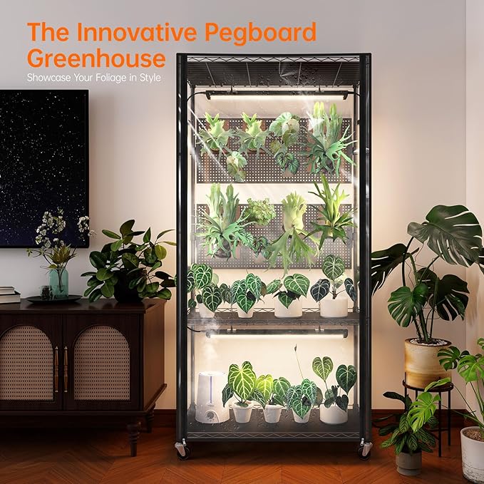 Bstrip Indoor Greenhouse Cabinet with Pegboard Indoor Greenhouse with 4 Pack 96W Full Spectrum Grow Light for Indoor Plant Foliage Plants 29.5x13.8x59
