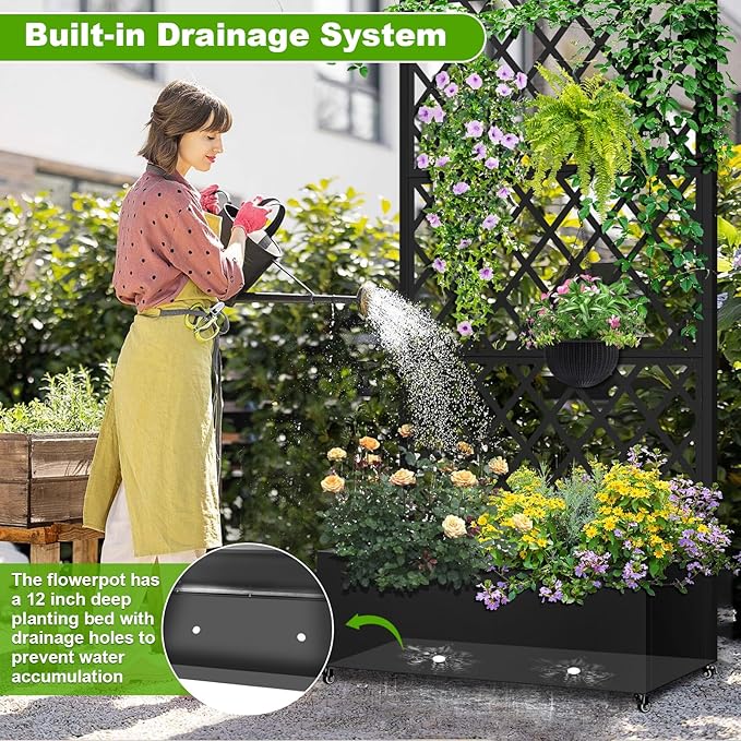 Metal Planter Box with Trellis 72x35x16 Metal Raised Garden Bed with Trellis Trellis Planter Box with Drainage Holes &amp Lockable Casters for Climbing Plants Vegetables and Vines