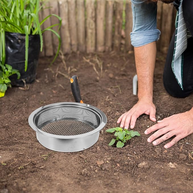 Amosfun Stainless Steel Soil Sifter Set with Shovel – Garden Potting Sieves for Compost Dirt and Rock Filtration – 1mm 3mm 6mm Mesh Screens for Home Gardening and Landscaping