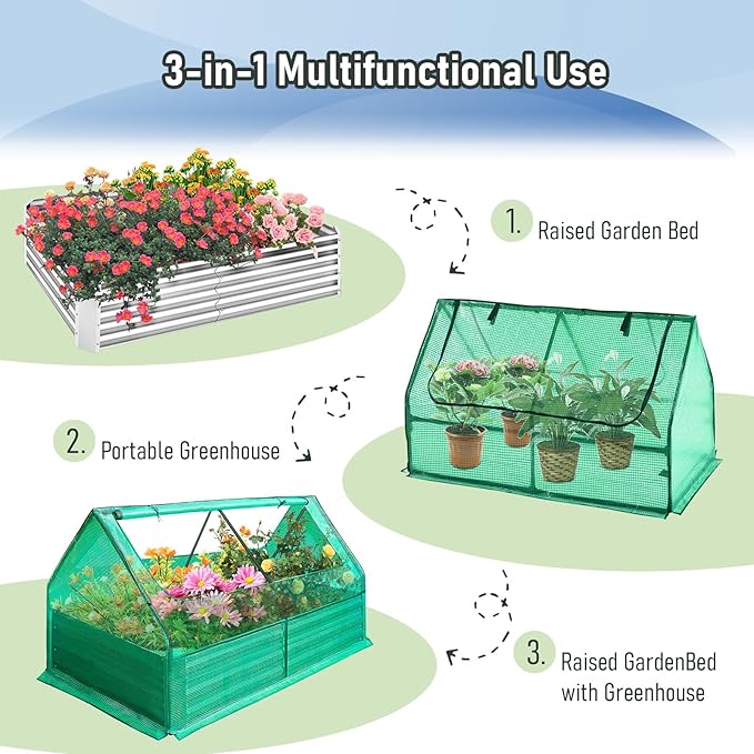 Galvanized Raised Garden Bed with Cover Thicken Metal Planter Box Kit Outdoor Garden Box with 2 Roll-Up Large Screen Windows for Vegetables Flowers Growing (4x3x3 FT)