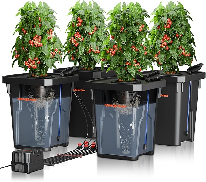 Spider Farmer DWC Hydroponics Grow System with 7-Gallon Deep Water Culture New Triangular Cover Design Recirculating Drip Garden System with Top Drip Kit 11W Air Pump 4 Buckets