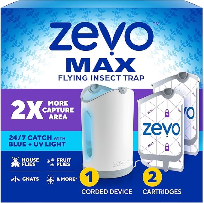 Zevo MAX Bug Catcher &amp Fly Trap for Indoors - Flying Insect Trap for Gnats House &amp Fruit Flies - Use in Any Room - No-Mess Disposal (1 Plug in Base &amp 2 Cartridges)