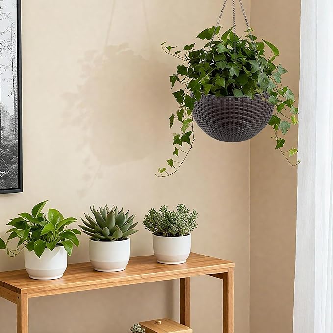 13.4 inch Self Watering Hanging Rattan Planter Large Capacity Root Rot Resistant Water Storage with Water Level Indicator Dual Use for Indoor Balcony Decoration (Pack of 2 Brown)