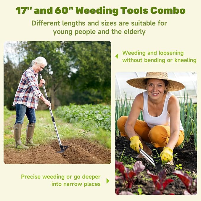 60 Weed Puller Tool with Long Handle and 17 Weeding Tools Gardening Set Dual Side Hand Weed Rake and Hoe Garden Weeder Uprooting Weed Pulling Remover Tool for Yard Patio Lawn and Garden Planting