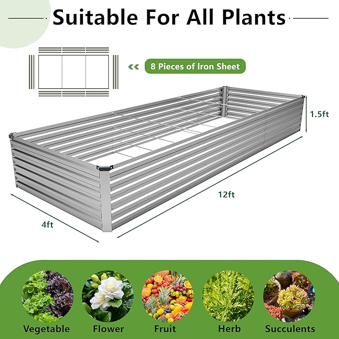 12x4x1.5FT Galvanized Raised Garden BedVegetable Boxes-Rectangle Metal Flower BoxLarge Planter Raised Beds Outdoor Garden for PlantingFruitHerb-Silver