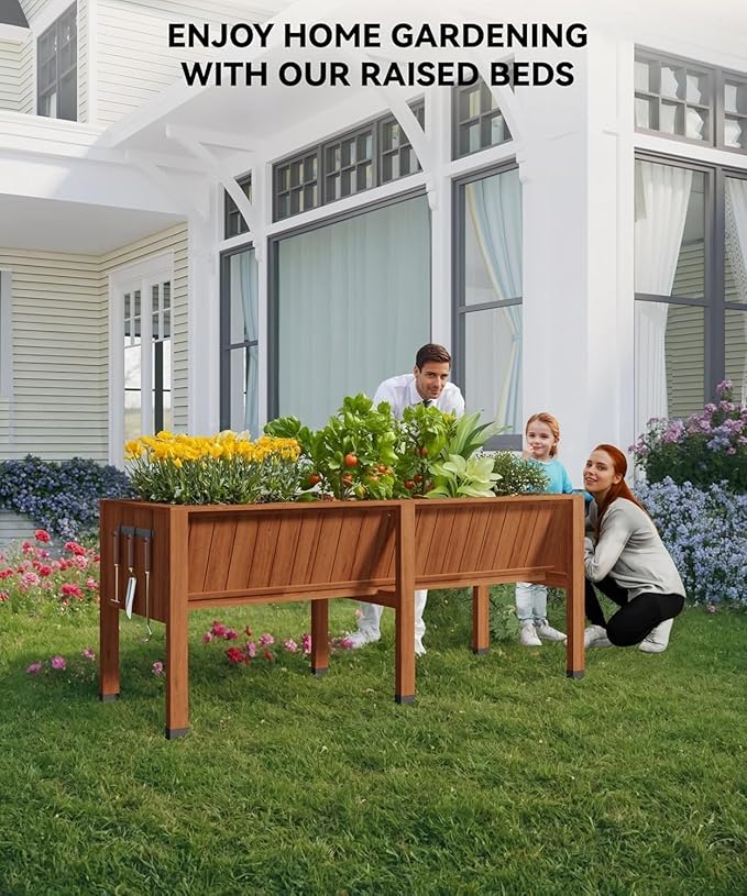 PeakPursuit 6x2 ft Large Elevated Garden Bed with Storage Hooks 72x26x30 Inch Tall Wooden Raised Planter Box 13.7 Deep Outdoor Grow Box for Vegetables/Herbs Includes Non-Woven LinerNatural Wood