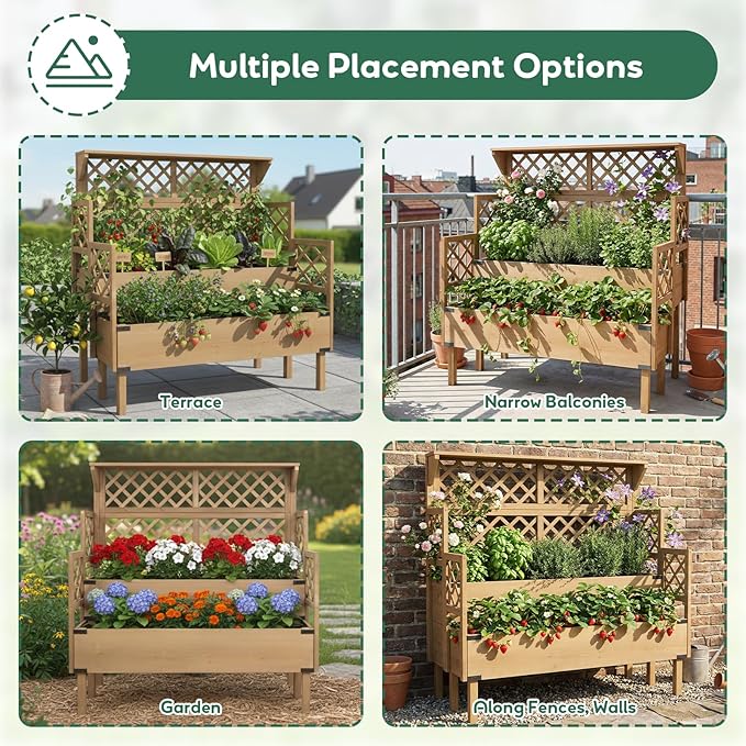 Raised Garden Bed with Trellis &amp Top Shelf Outdoor Elevated Planter Box with 2 Planting Areas Liner &amp Metal Corners for Climbing Plants Vegetables Herbs